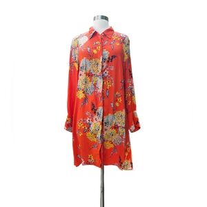 ZARA Shirt Dress Orange Floral Collar Long Sleeve Shirt Button Down LARGE